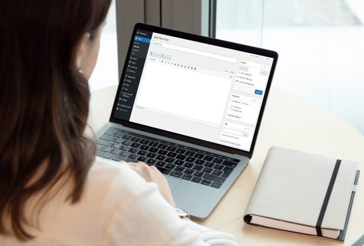 Frau arbeitet von hinten gesehen am Laptop