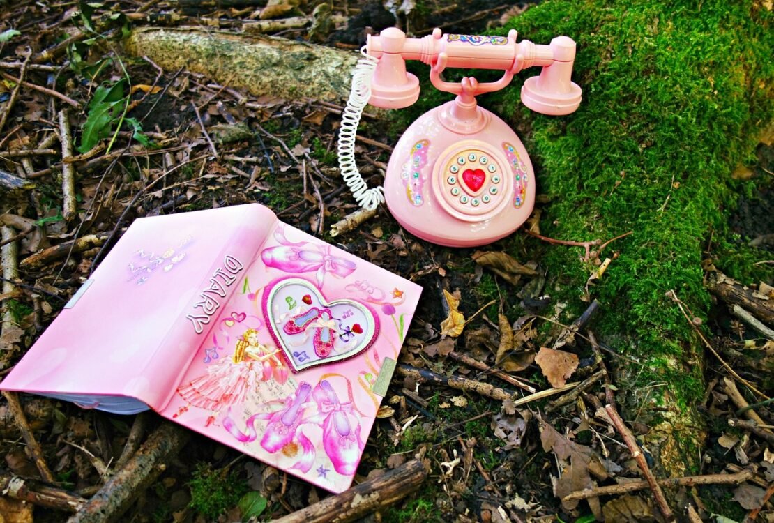 Altes rosa Telefon liegt auf dem Waldboden