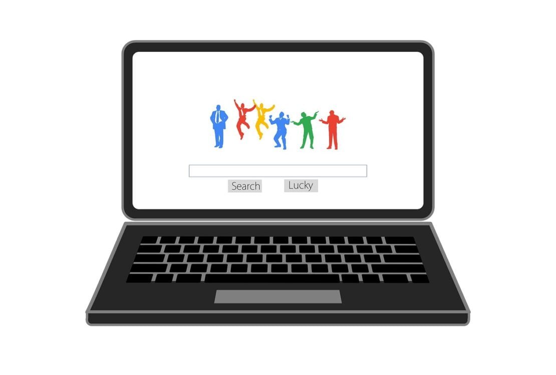 Illustration eines Laptops mit bunten Personensymbolen