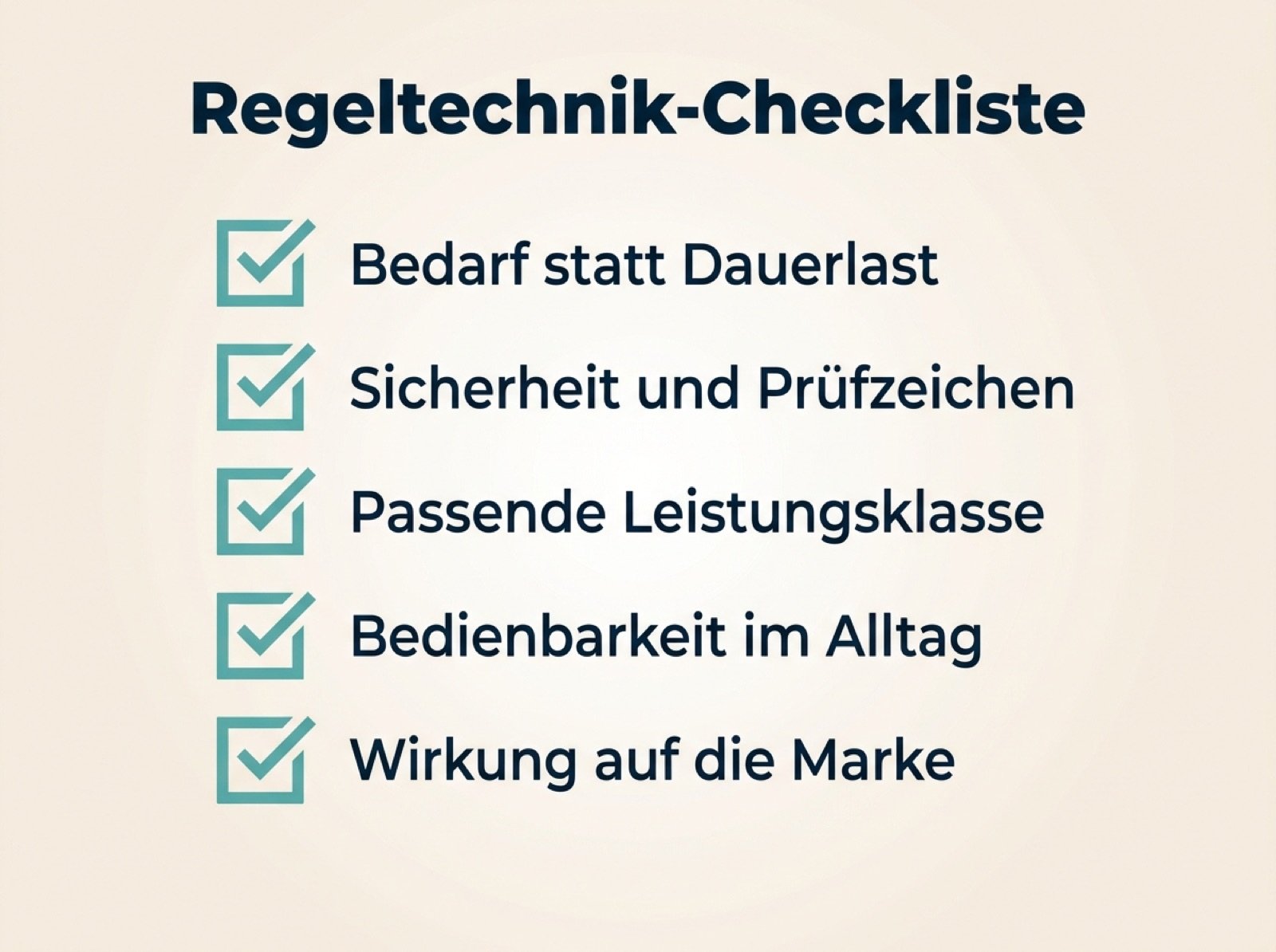 Infografik mit einer Regeltechnik-Checkliste und fünf Prüfpunkten für Betriebe