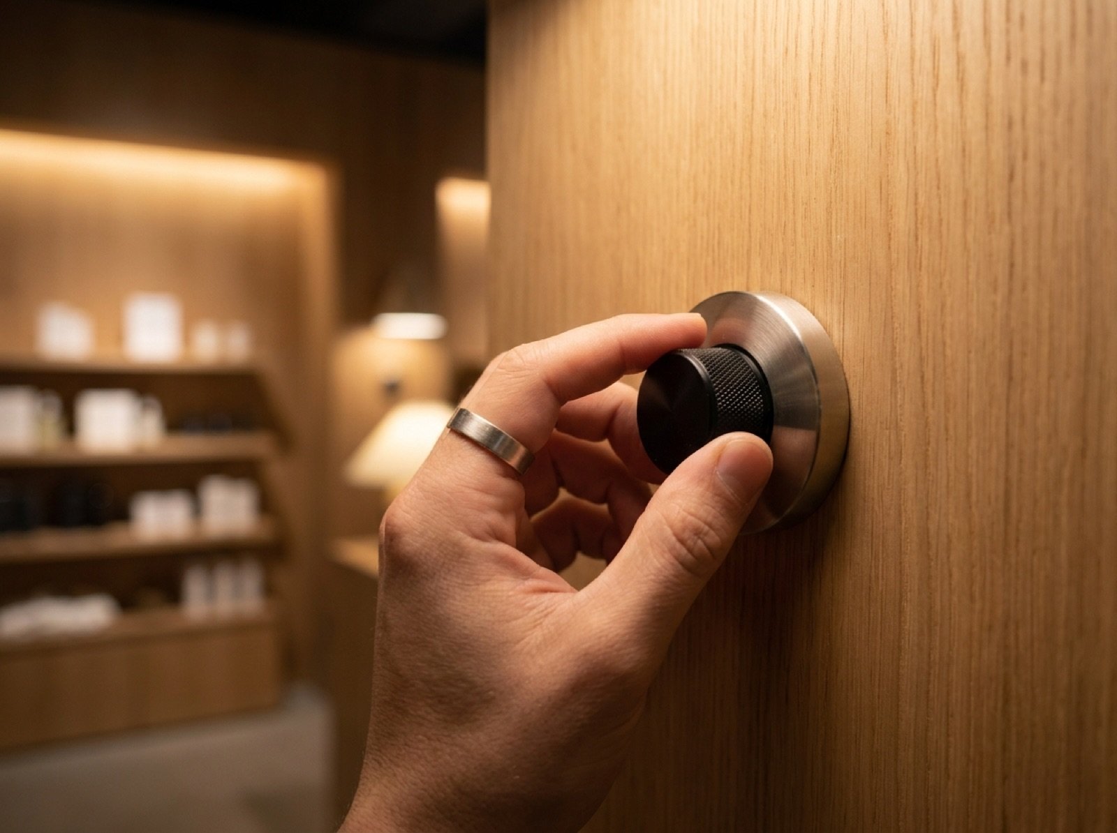 Hand stellt an einem Dimmer und Leistungsregler in einem modernen Ladengeschäft das warme Licht ein