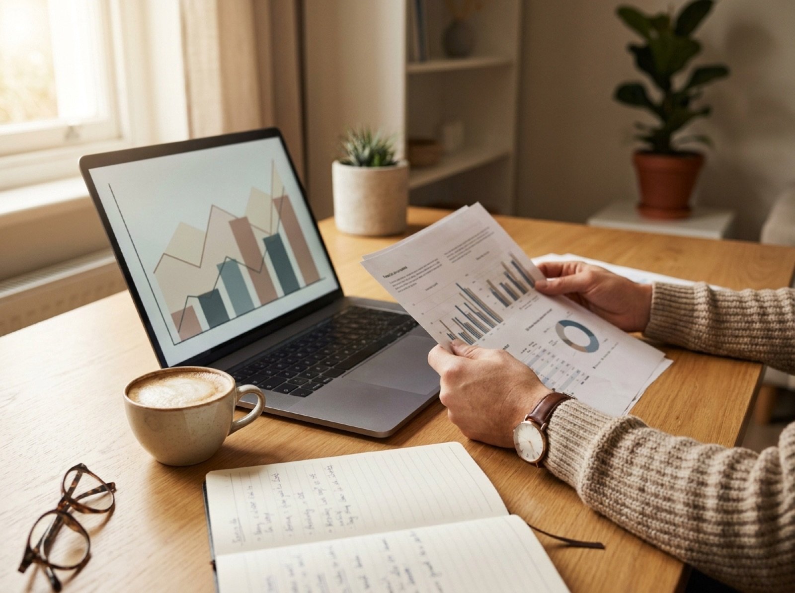 Person prüft Finanzunterlagen am Schreibtisch mit Laptop und Diagrammen