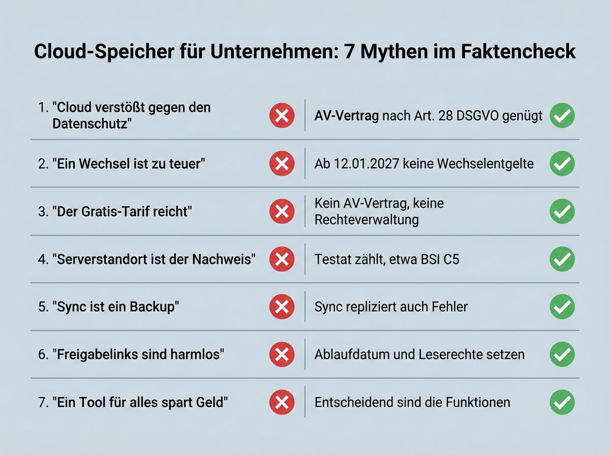 Infografik mit sieben Irrtümern zu Cloud-Speicher für Unternehmen und der jeweiligen Richtigstellung