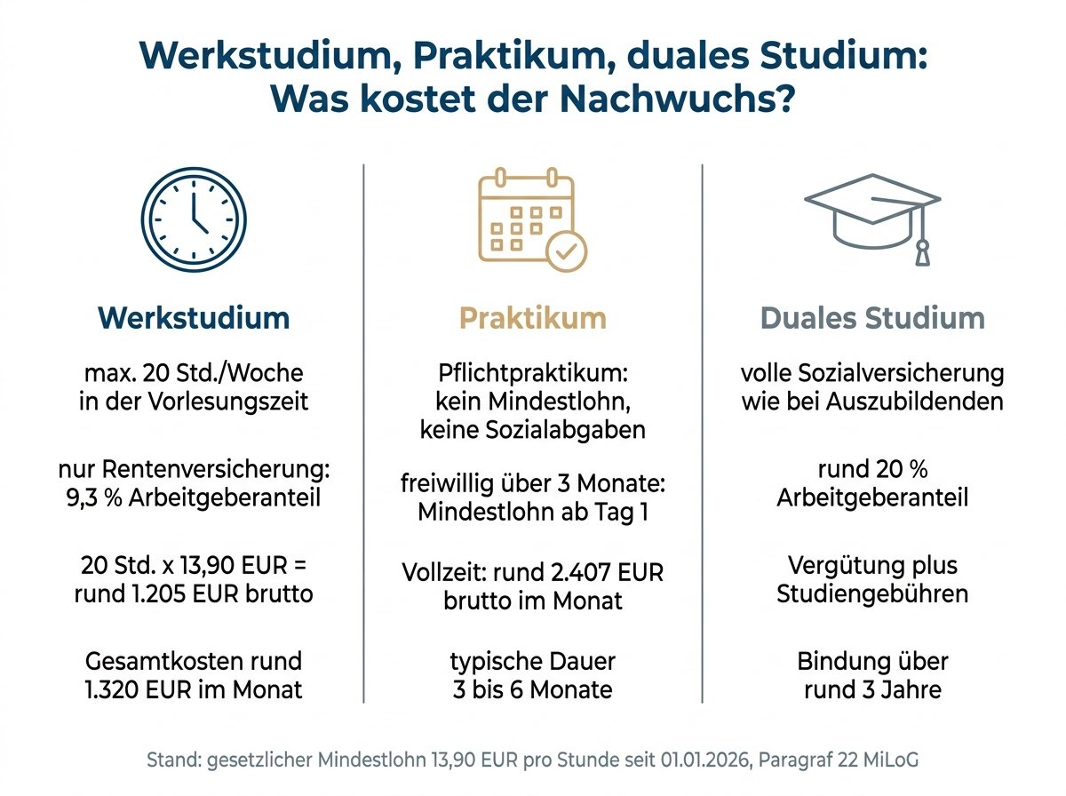 Vergleich von Werkstudium, Praktikum und dualem Studium mit Kosten und Sozialversicherung