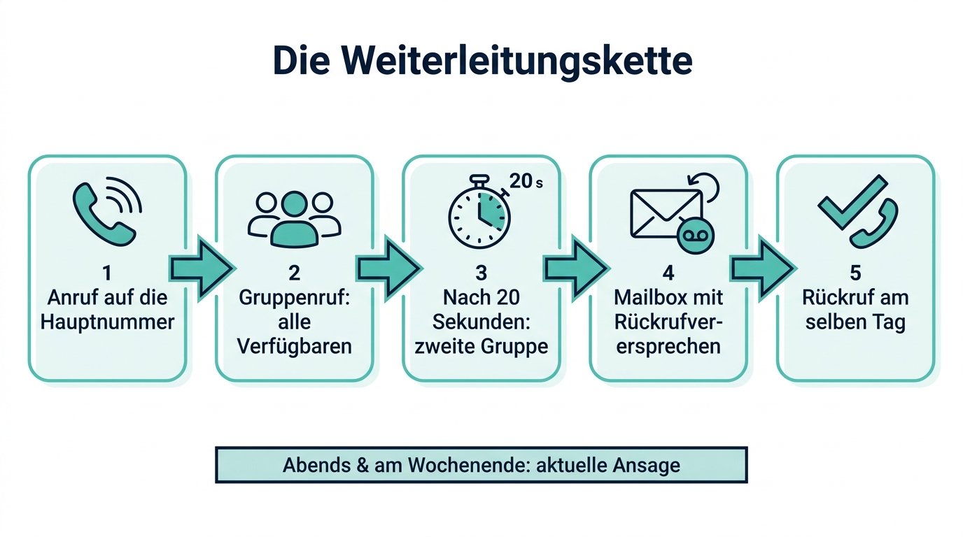 Infografik zur Weiterleitungskette: Gruppenruf, Weiterleitung, Mailbox und Rückruf