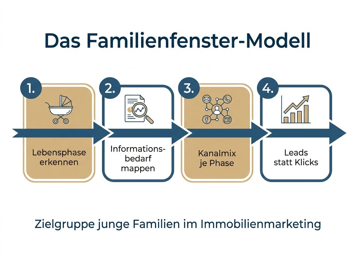 Infografik zum Familienfenster-Modell mit vier Stufen der Zielgruppenarbeit im Immobilienmarketing
