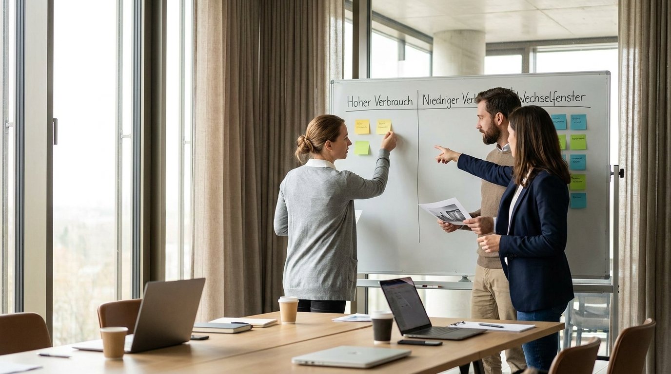 Vertriebsteam sortiert Kundensegmente an einem Whiteboard, um die Preiserhöhung zielgruppengerecht zu formulieren