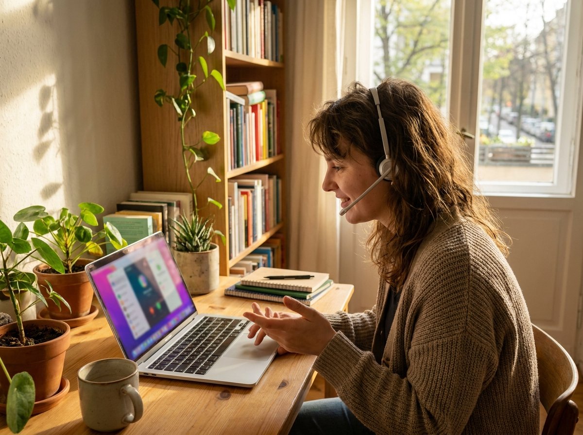 Mitarbeiterin im Homeoffice nimmt einen Anruf mit Headset am Laptop entgegen