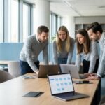 Kleines Agenturteam arbeitet gemeinsam an Dateien im Cloud-Speicher für Unternehmen