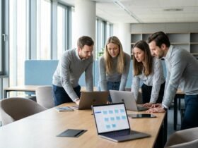Kleines Agenturteam arbeitet gemeinsam an Dateien im Cloud-Speicher für Unternehmen
