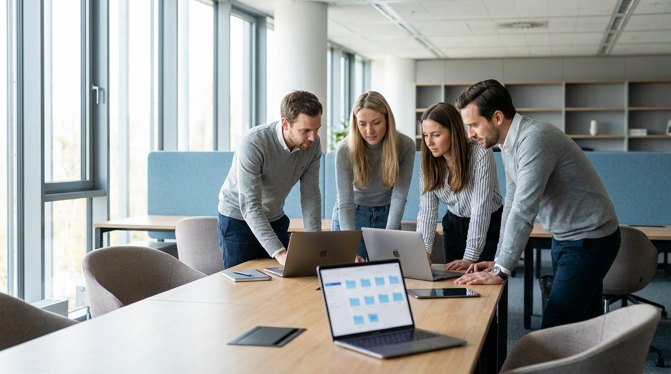 Kleines Agenturteam arbeitet gemeinsam an Dateien im Cloud-Speicher für Unternehmen