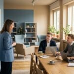 Teamleiterin und drei Studierende planen im Agenturbüro das Semester