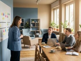 Teamleiterin und drei Studierende planen im Agenturbüro das Semester