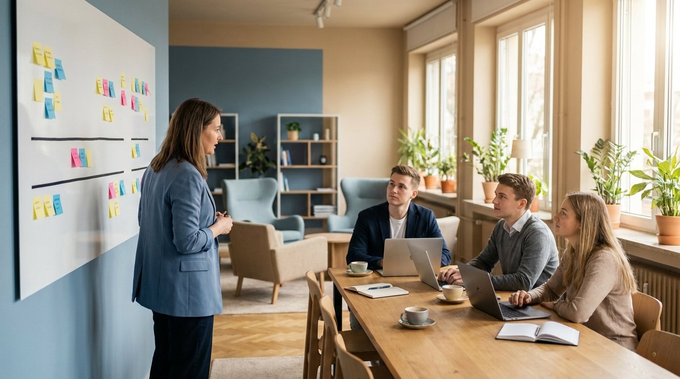 Teamleiterin und drei Studierende planen im Agenturbüro das Semester