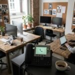 Kreativagentur mit halb besetzten Schreibtischen und einem klingelnden Telefon im Vordergrund