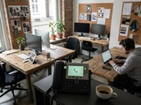 Kreativagentur mit halb besetzten Schreibtischen und einem klingelnden Telefon im Vordergrund