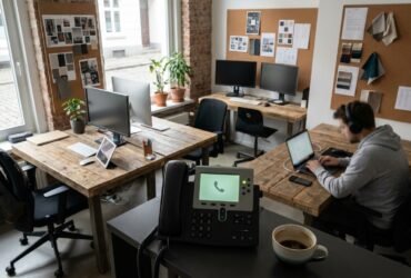 Kreativagentur mit halb besetzten Schreibtischen und einem klingelnden Telefon im Vordergrund