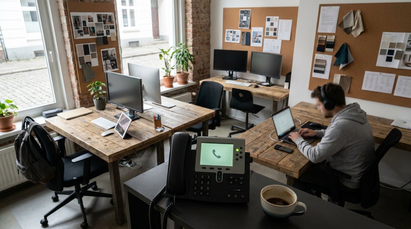Kreativagentur mit halb besetzten Schreibtischen und einem klingelnden Telefon im Vordergrund