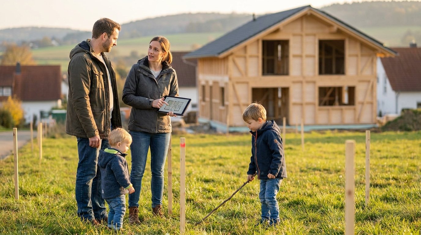 Junge Familie prüft Angebote im Immobilienmarketing für die Zielgruppe Eigenheim