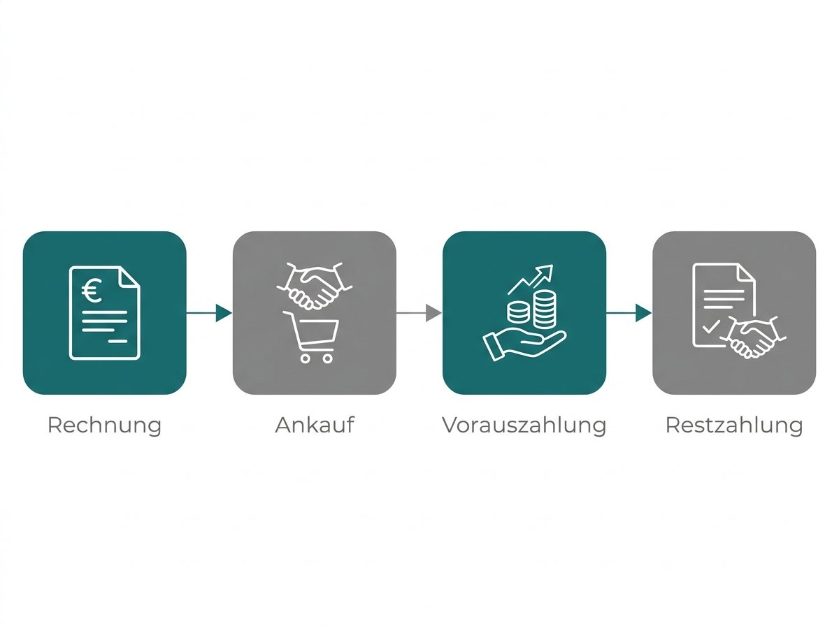Infografik: Ablauf des Factorings von der Rechnung über die Vorauszahlung bis zur Restzahlung