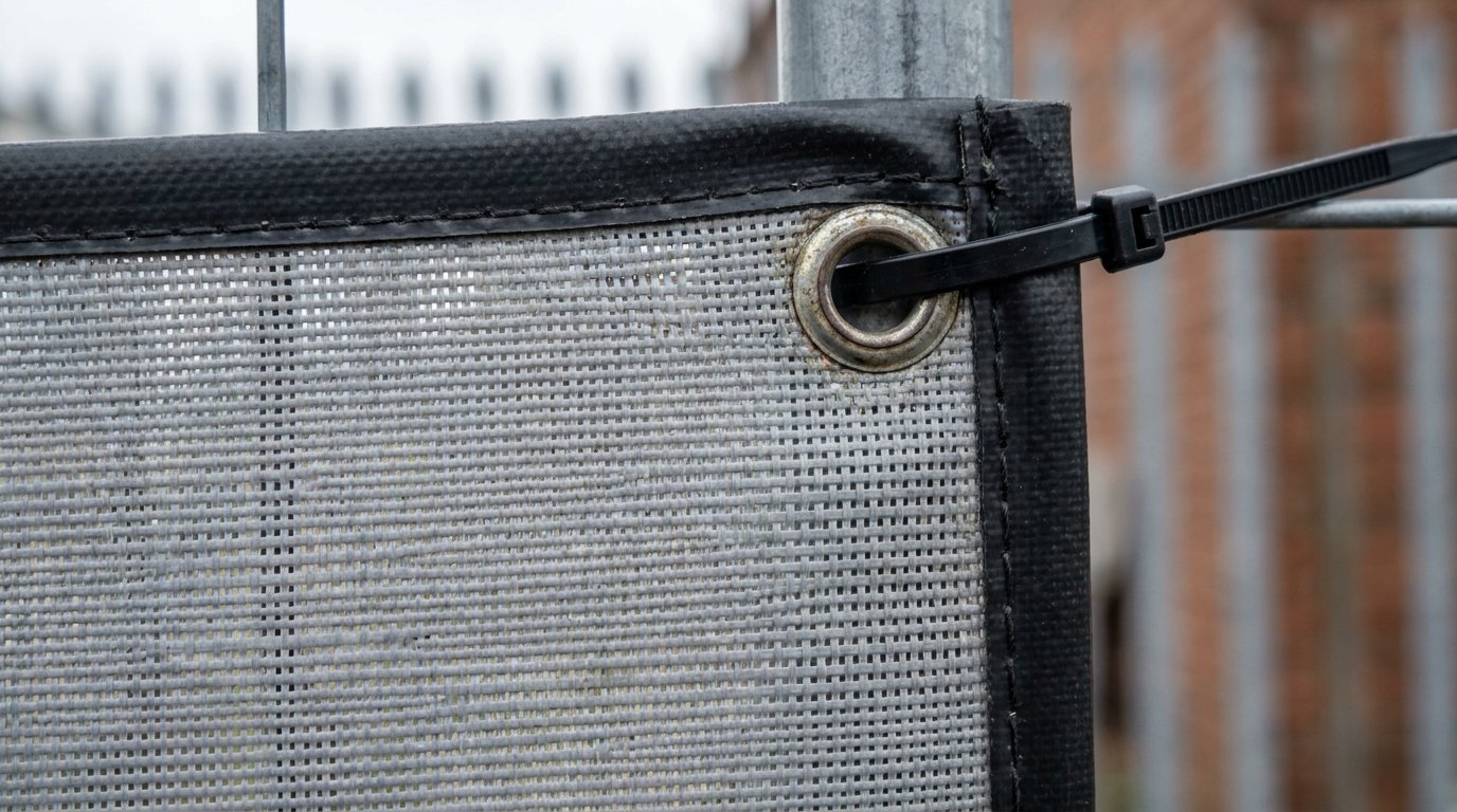 Detailaufnahme einer Oese mit Randverstaerkung an einem Mesh-Banner