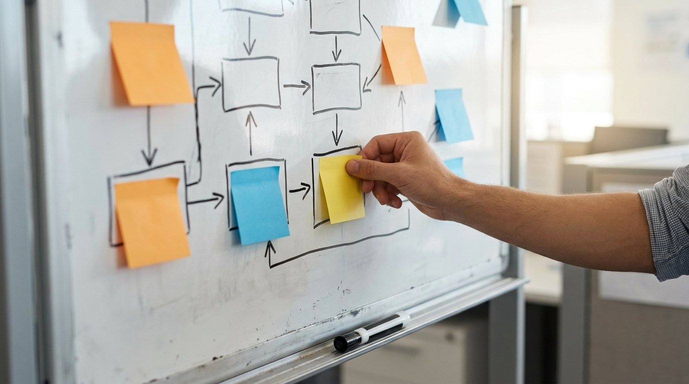 Prozessanalyse im Workshop: Haftnotizen auf einem Whiteboard mit Ablaufdiagramm