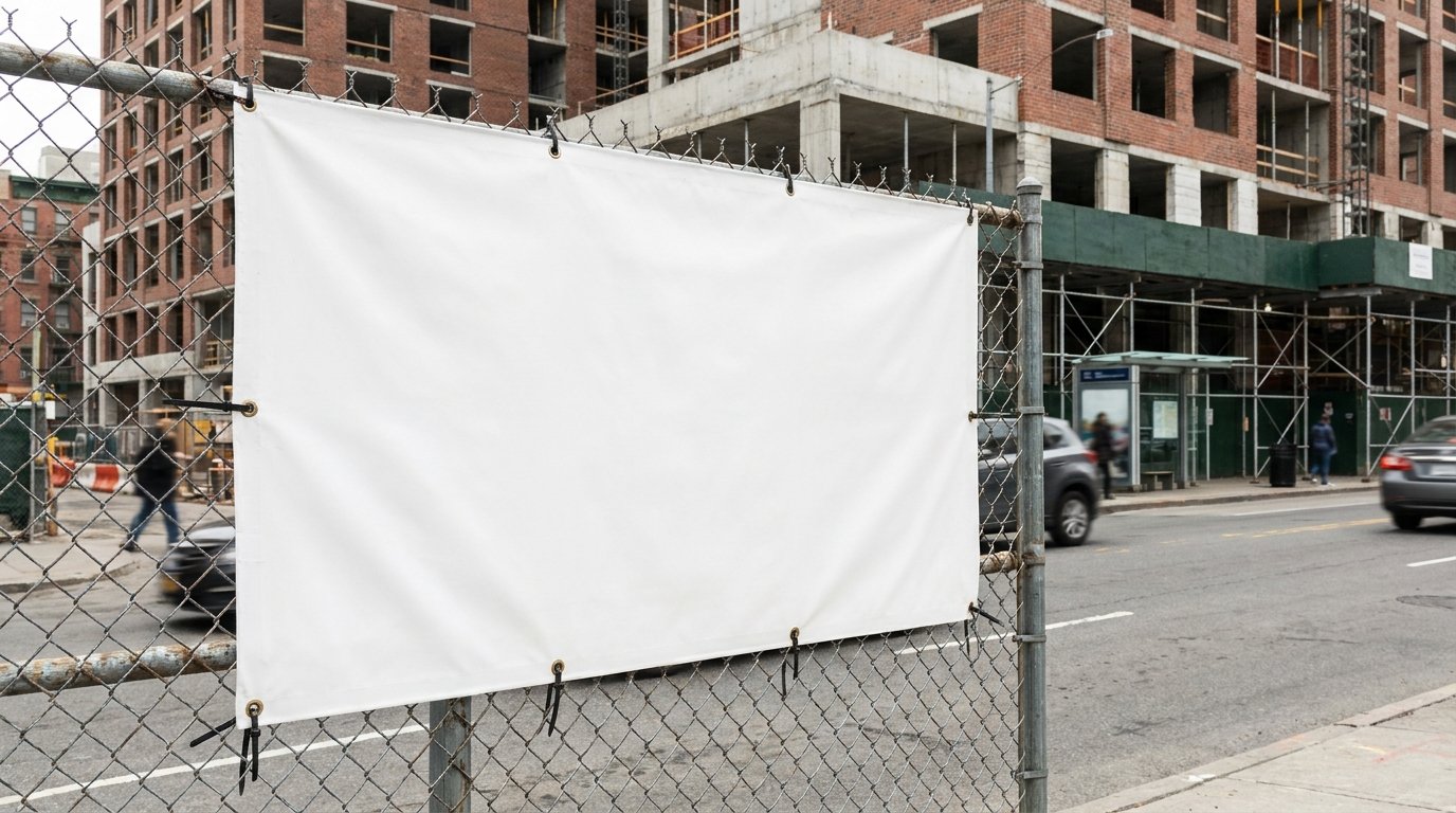 Großformatiges Werbebanner an einem Bauzaun mit sichtbaren Ösen und Kabelbindern