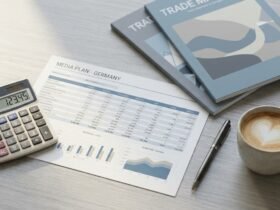 Taschenrechner, Mediaplan und Fachzeitschriften auf einem Schreibtisch